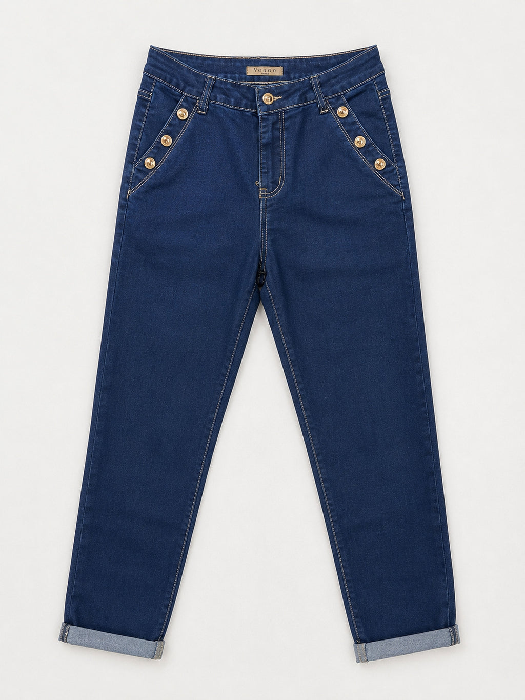 Jean Mom Fit – Boutons Dorés aux Poches – Bleu Brut