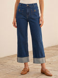 Jean Wide Leg 7/8ème – Grand Revers & Poches Plaquées Boutons Dorées