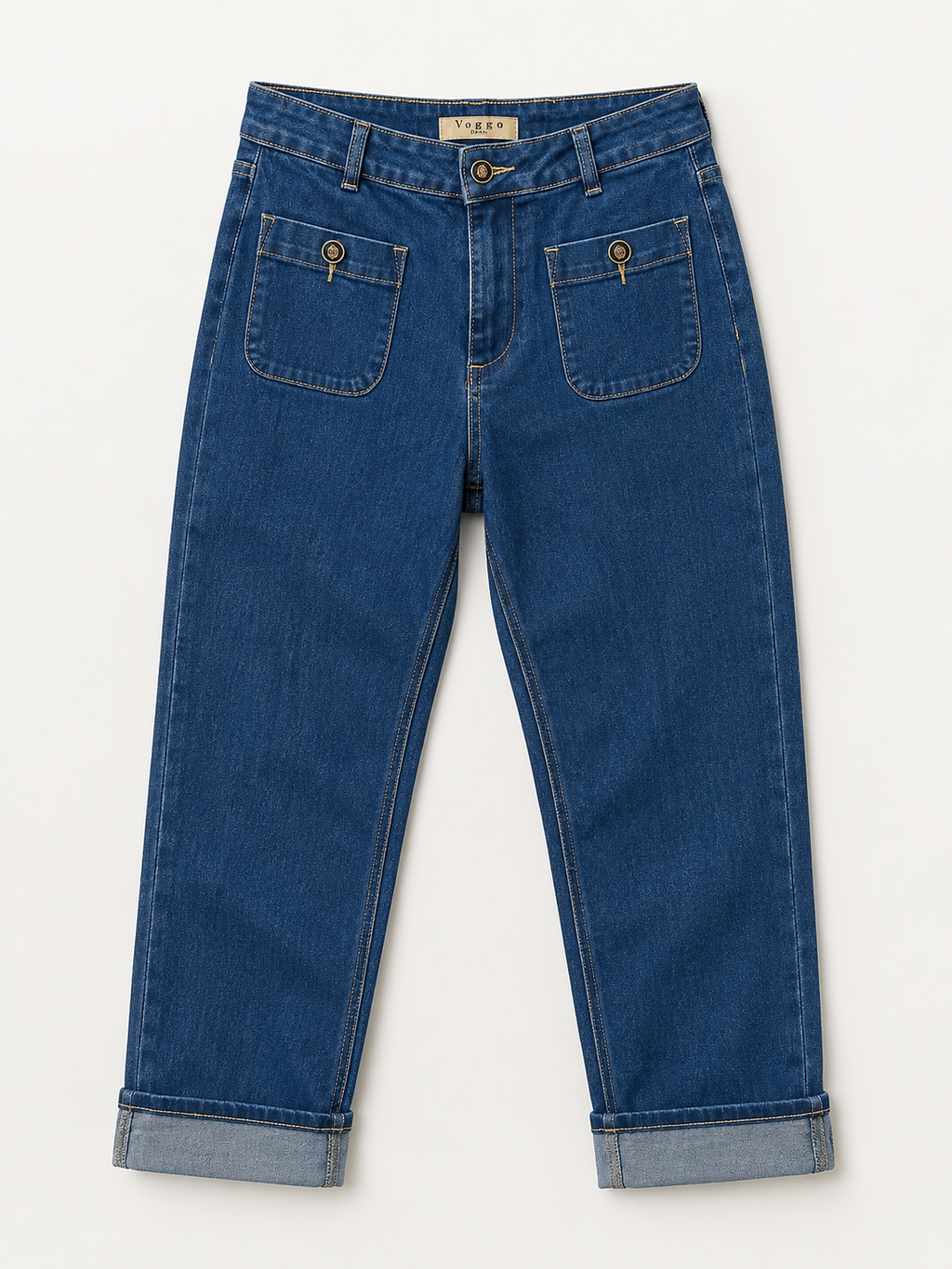 Jean Wide Leg 7/8ème – Grand Revers & Poches Plaquées Boutons Dorées