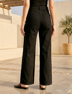 Jean Wide Leg noir à 5 boutons et poches plaquées porté, vue zoomée - Voggo