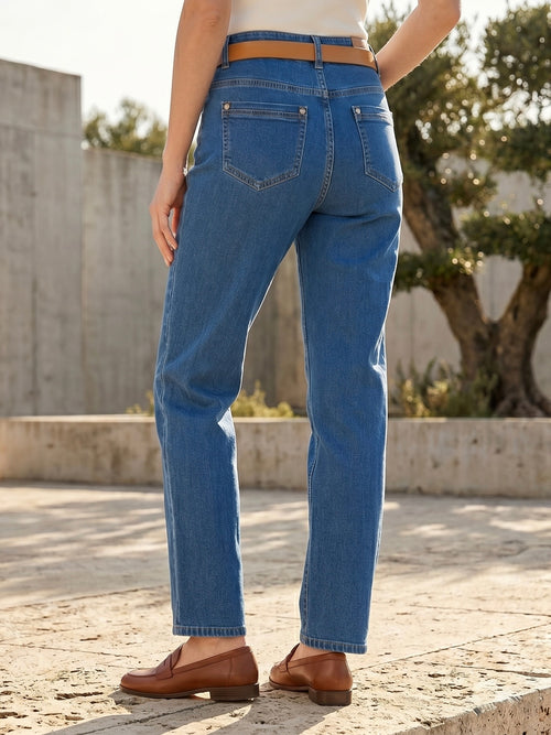 Jean coupe droite à ceinture assortie porté, vue de dos - Voggo