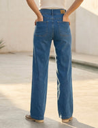 Jean Wide Leg à double boutonnage et poches plaquées porté, vue de dos - Voggo