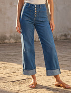Jean Wide Leg 7/8 à 5 boutons et poches plaquées porté, vue de face - Voggo