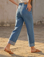 Jean Wide Leg 7/8 à 5 boutons et poches plaquées porté, vue zoomée - Voggo