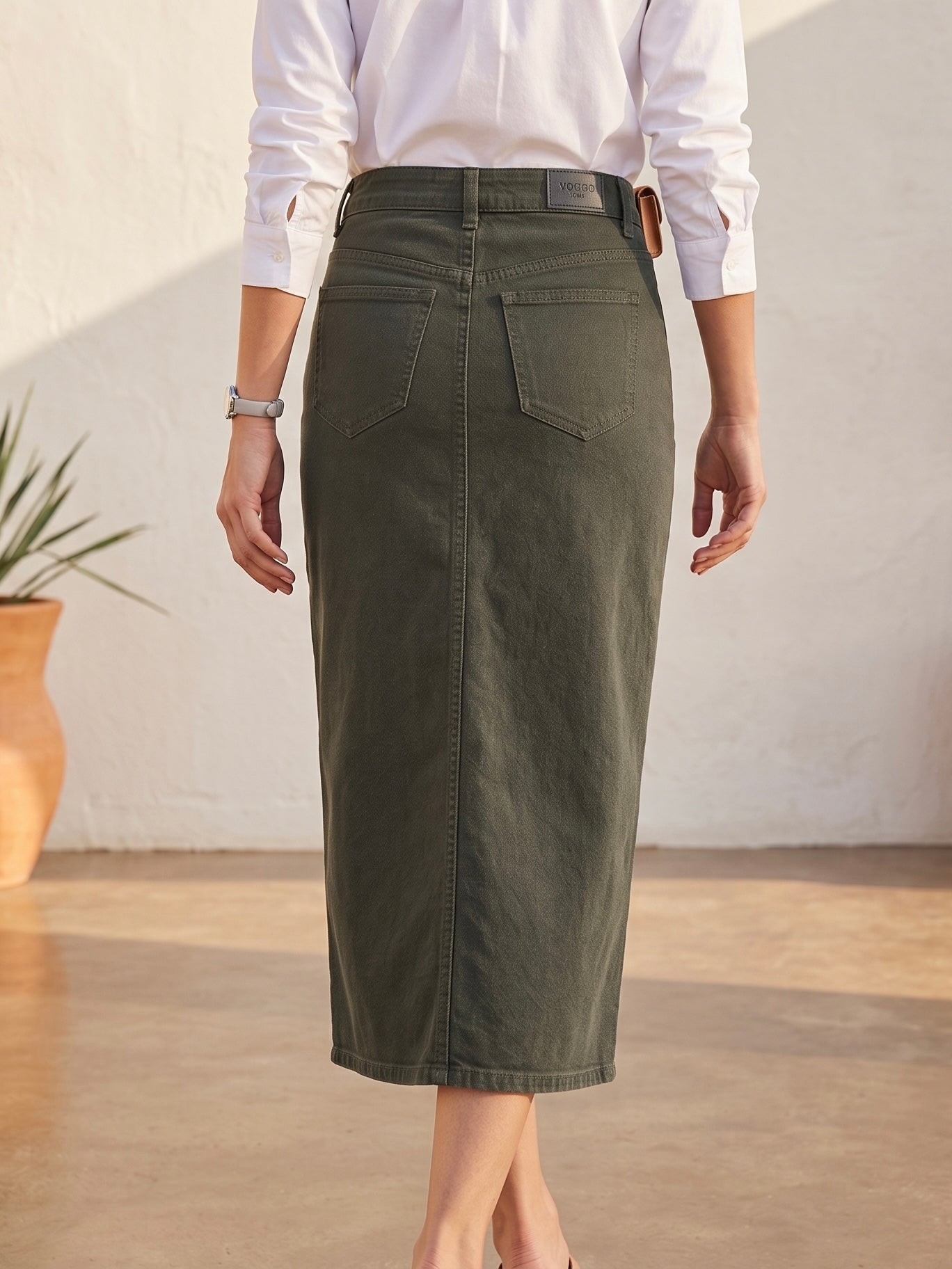 Jupe Longue en Jean – Fente Avant – Kaki