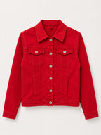 Veste en jean rouge seul sur fond neutre, vue de face - Voggo