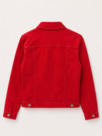 Veste en jean rouge seul sur fond neutre, vue de dos - Voggo