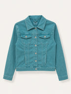 Veste en jean bleu cyan seul sur fond neutre, vue de face - Voggo