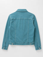 Veste en jean bleu cyan seul sur fond neutre, vue de dos - Voggo