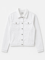 Veste en jean blanc seul sur fond neutre, vue de face - Voggo