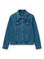 Veste en jean bleu canard seul sur fond neutre, vue de face - Voggo