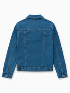 Veste en jean bleu canard seul sur fond neutre, vue de dos - Voggo