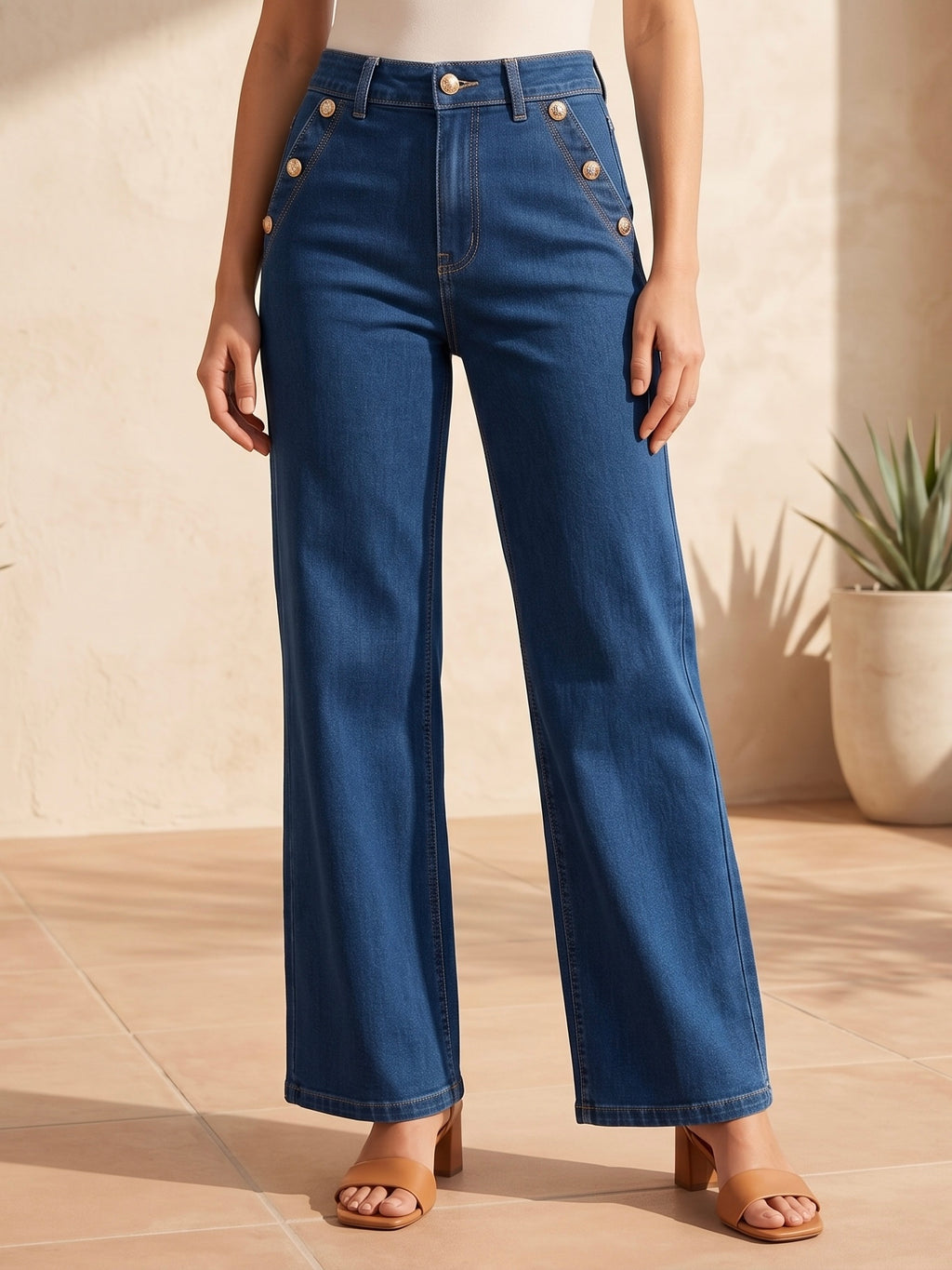 Jean Wide Leg – Boutons Dorés Aux Poches