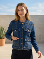 Veste en jean à 4 poches porté, vue de face - Voggo