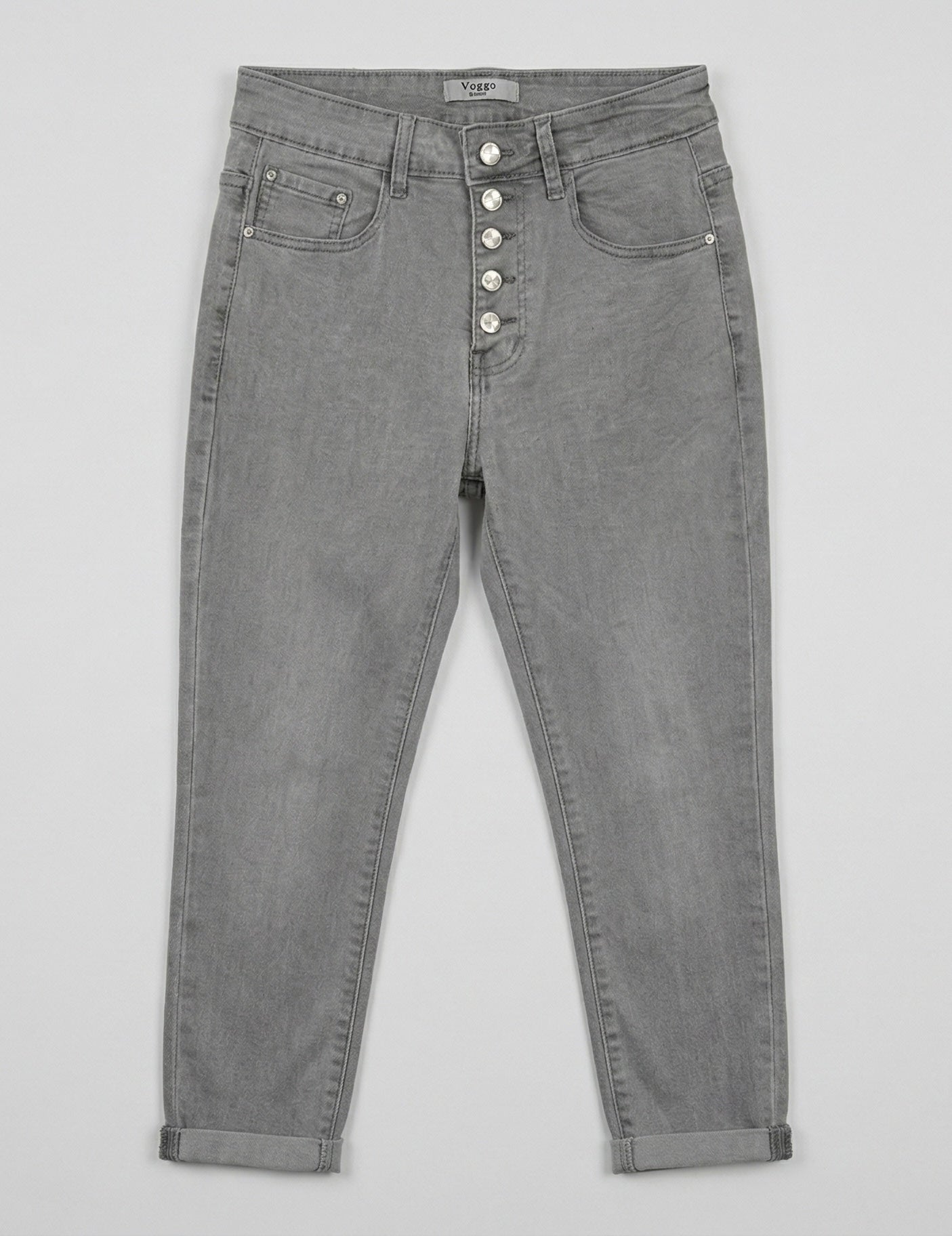 Jean 7/8ème Coupe Droite – 5 Boutons Élégants – Gris