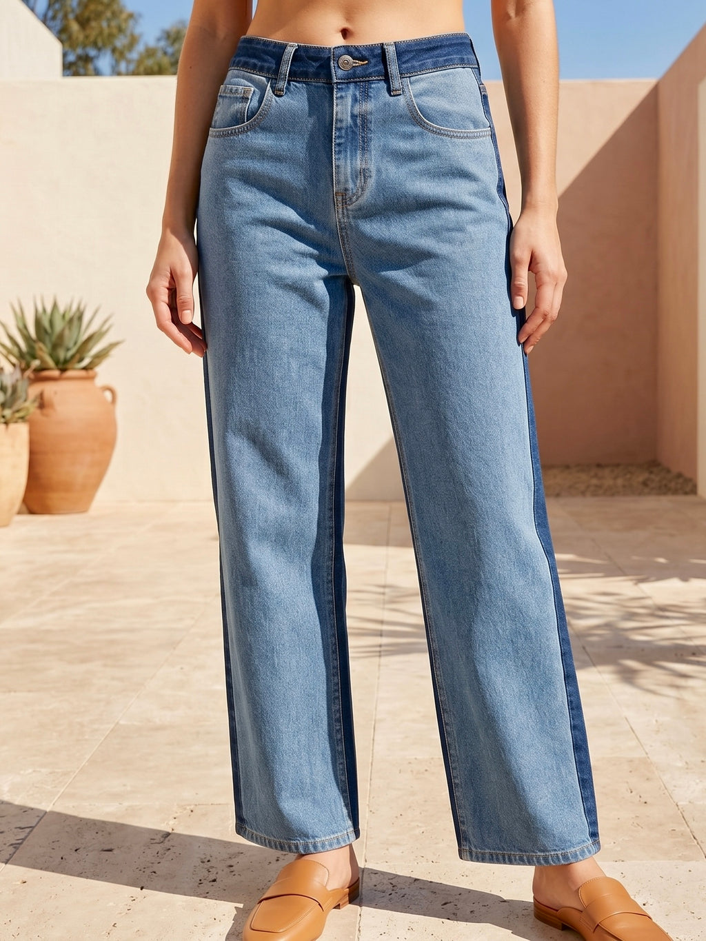 Jean Wide Leg – Bicolore Avant/Arrière – Bleu Stone & Denim