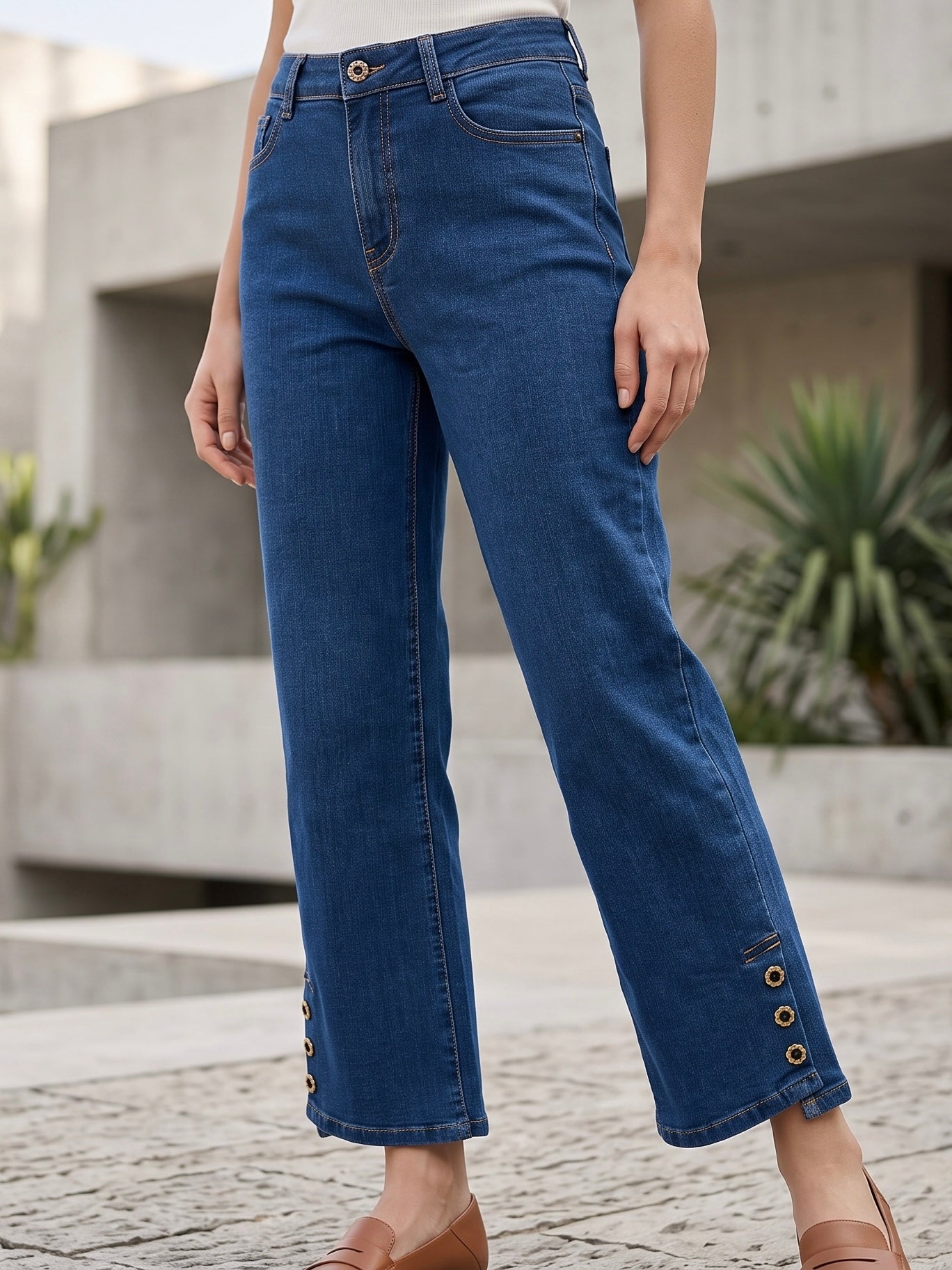 Jean Wide Leg 7/8ème – Boutons Dorés Bas