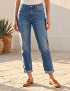 Jean 7/8ème slim bleu denim porté, vue de face - Voggo