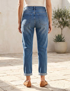 Jean 7/8ème slim bleu denim porté, vue de dos - Voggo