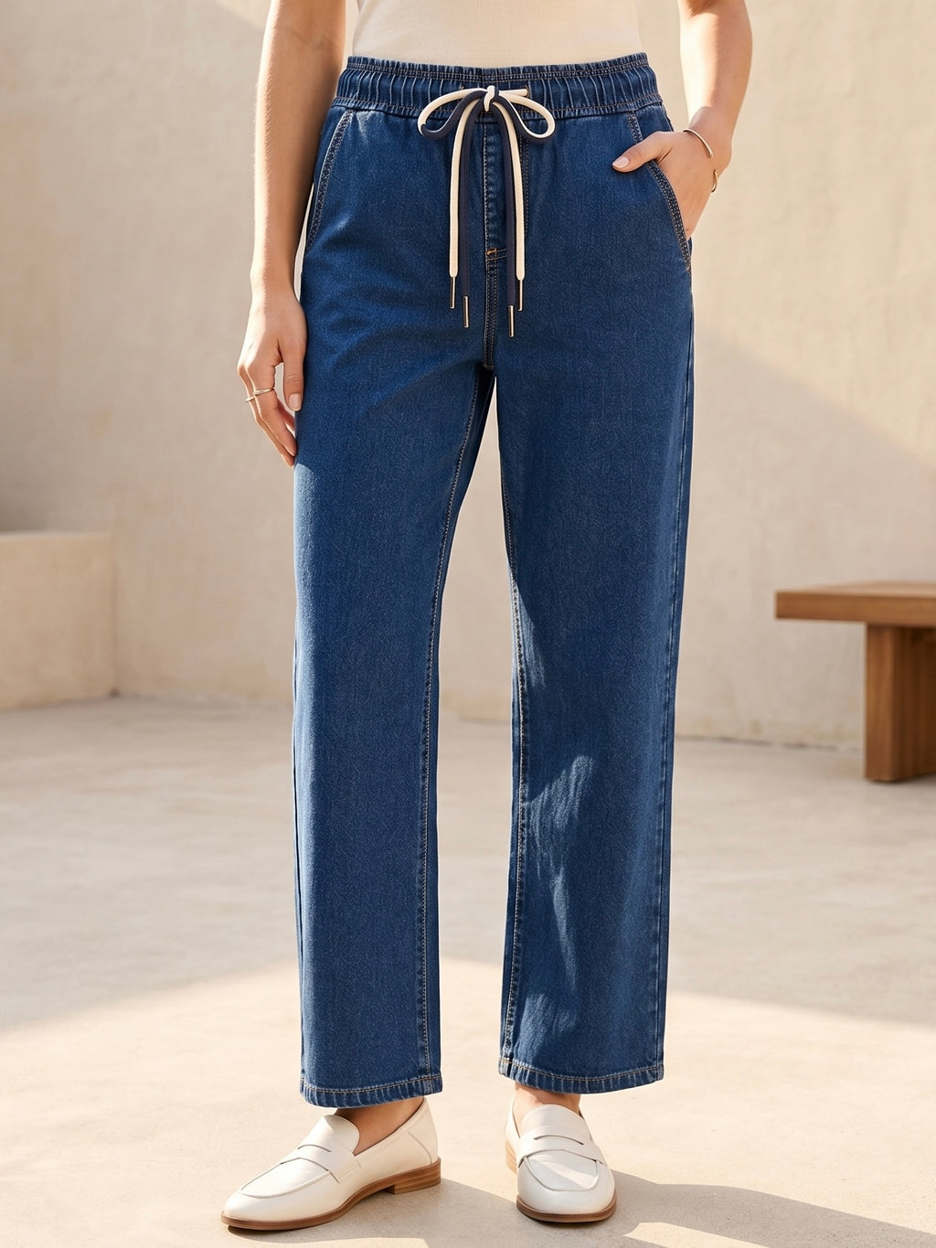 Jean Wide Leg – Taille Élastiquée avec Double Cordons