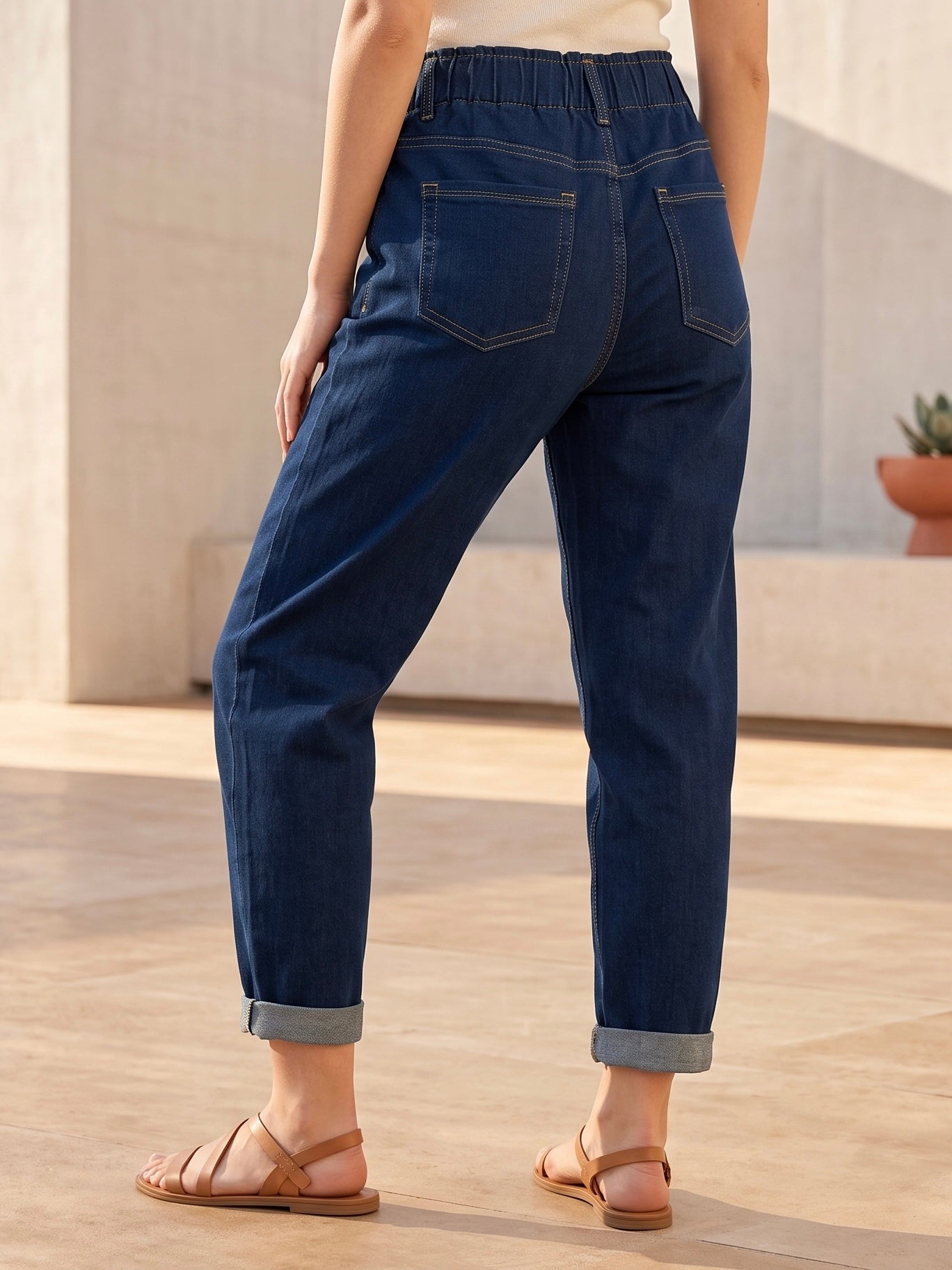 Jean Mom Fit – Ceinture Élastiquée – Bleu Brut