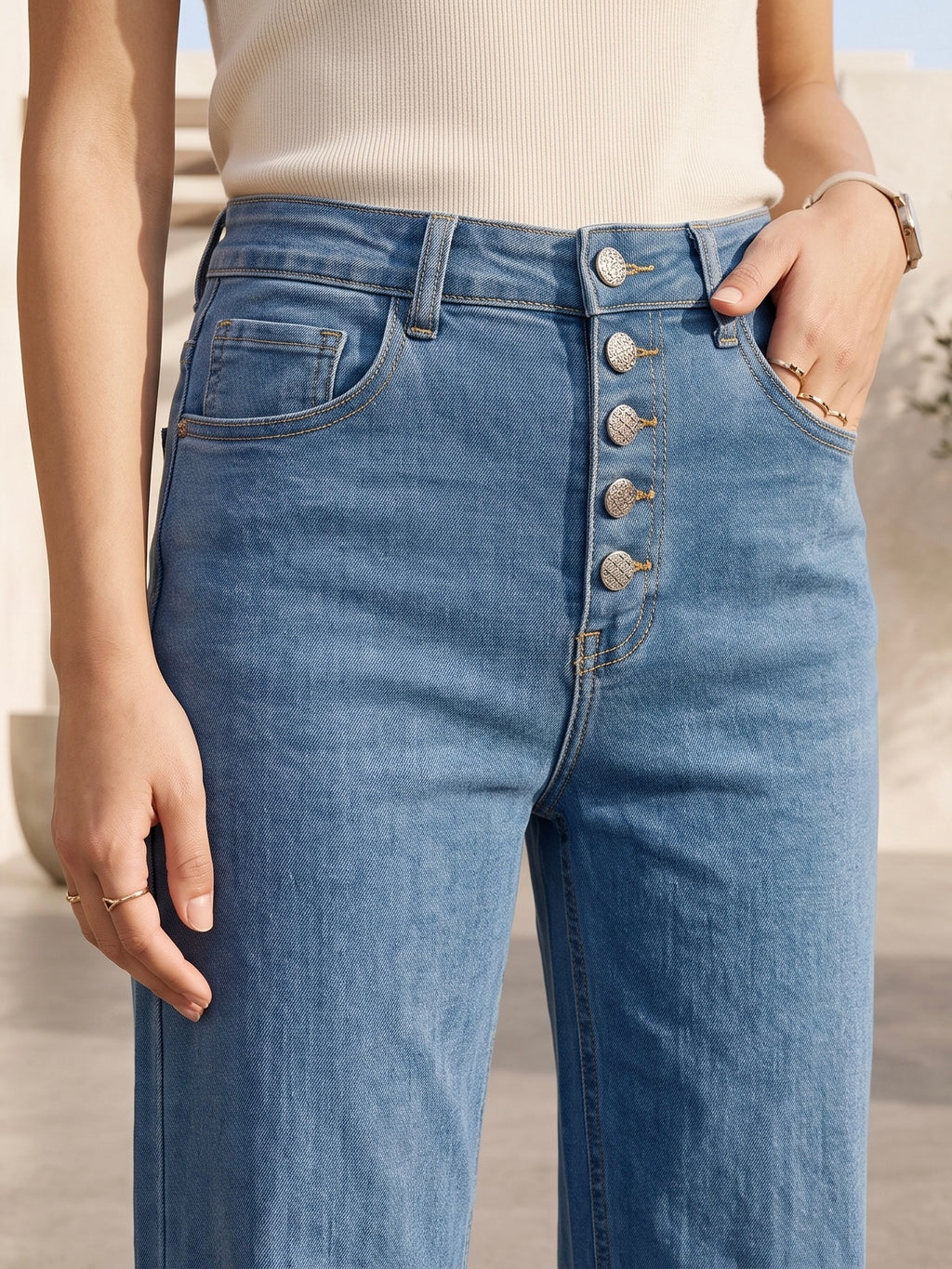 Jean Wide Leg – Fermetures Boutons Argentés