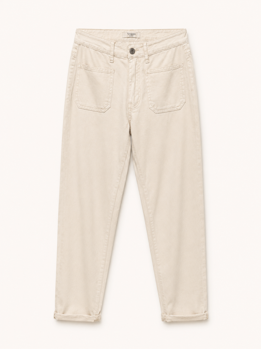 Pantalon Mom Fit en Toile – Poches Plaquées – Beige