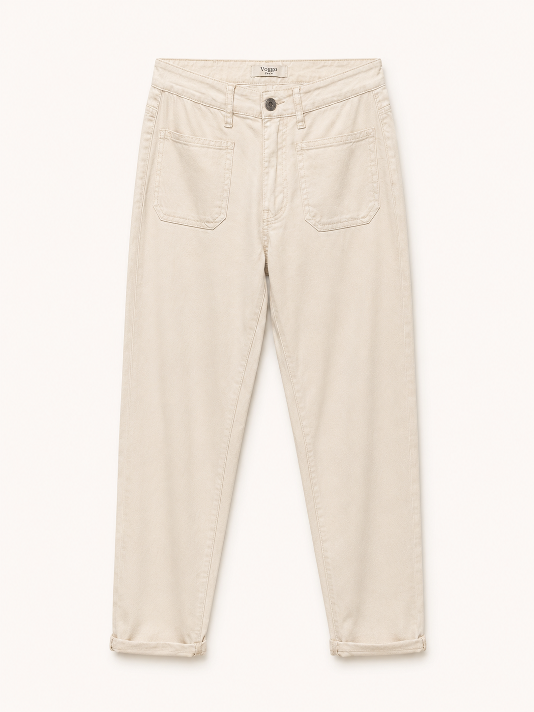 Pantalon Mom Fit en Toile – Poches Plaquées – Beige