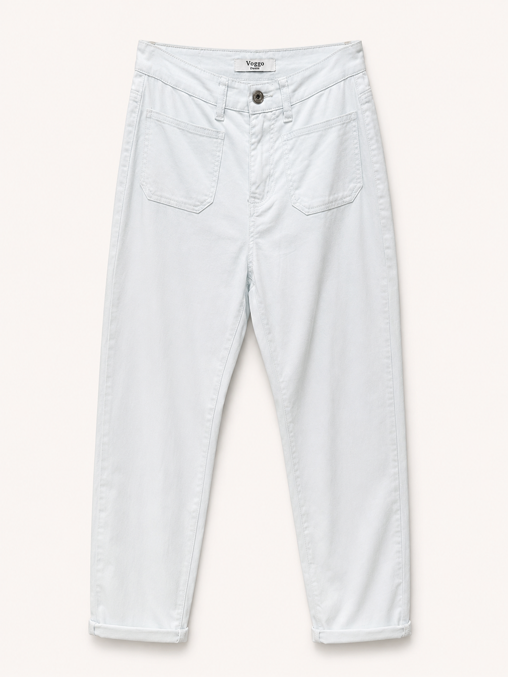 Pantalon Mom Fit en Toile – Poches Plaquées – Blanc