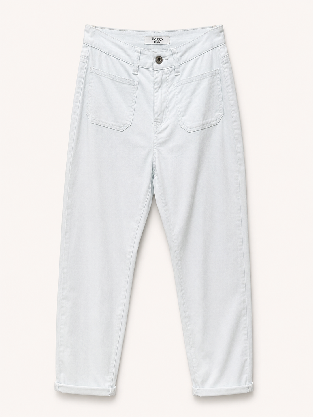 Pantalon Mom Fit en Toile – Poches Plaquées – Blanc