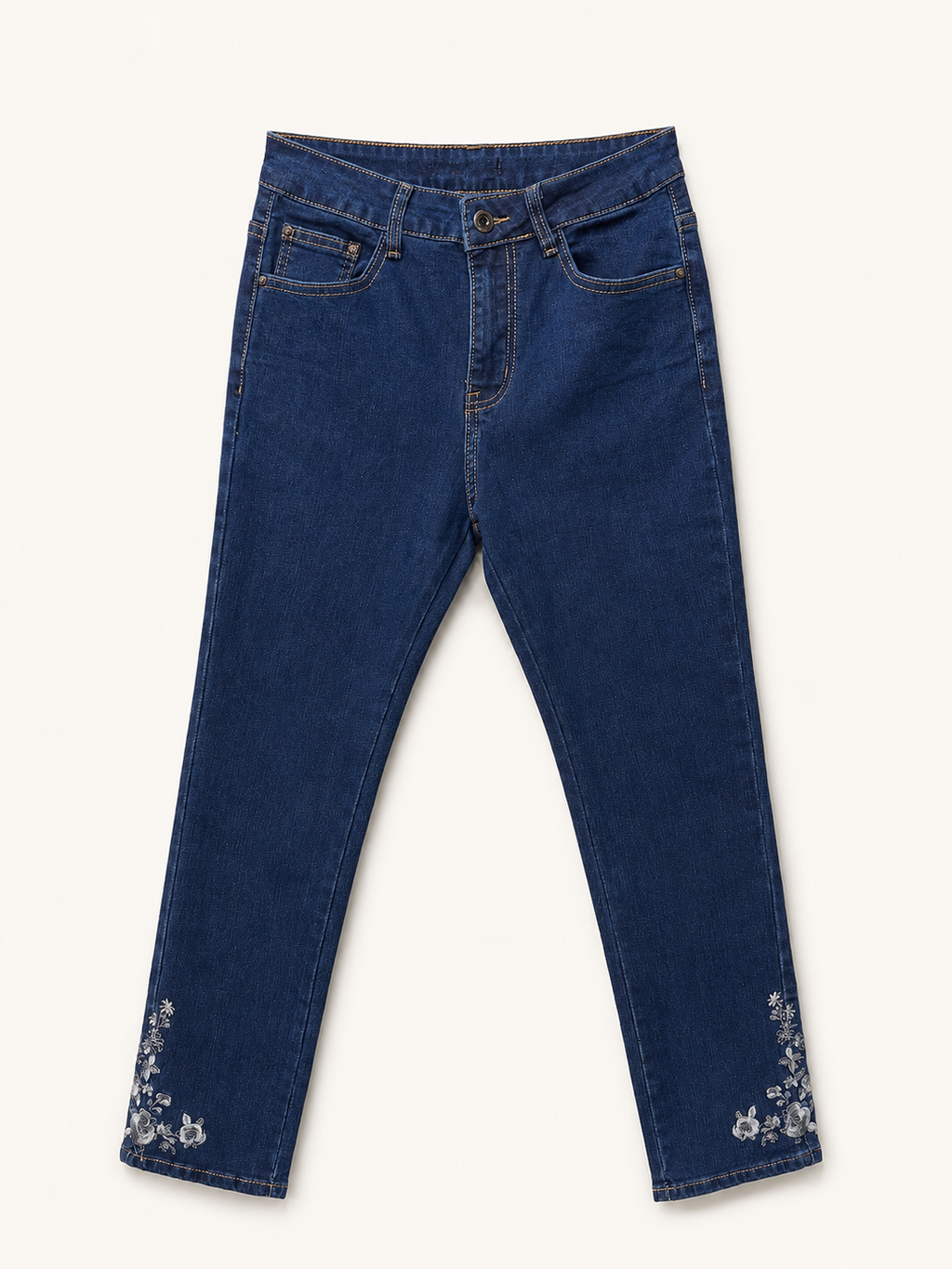 Jean Droit 7/8ème – Broderies Fleurs en Bas de Jambe