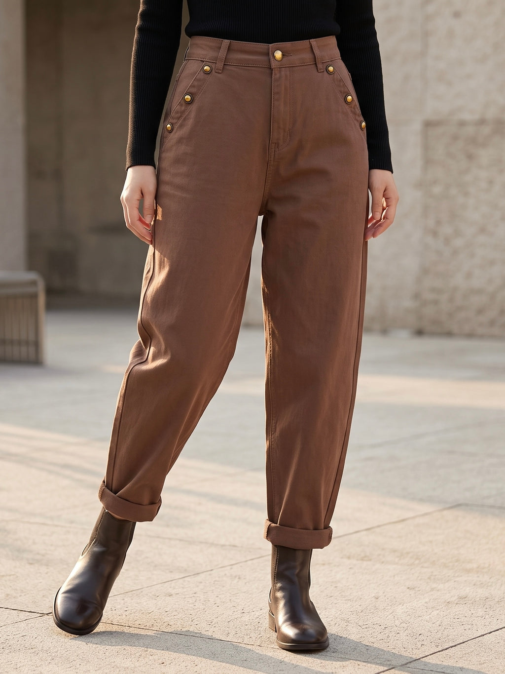 Pantalon Mom Fit – Boutons Dorés aux Poches – Taupe