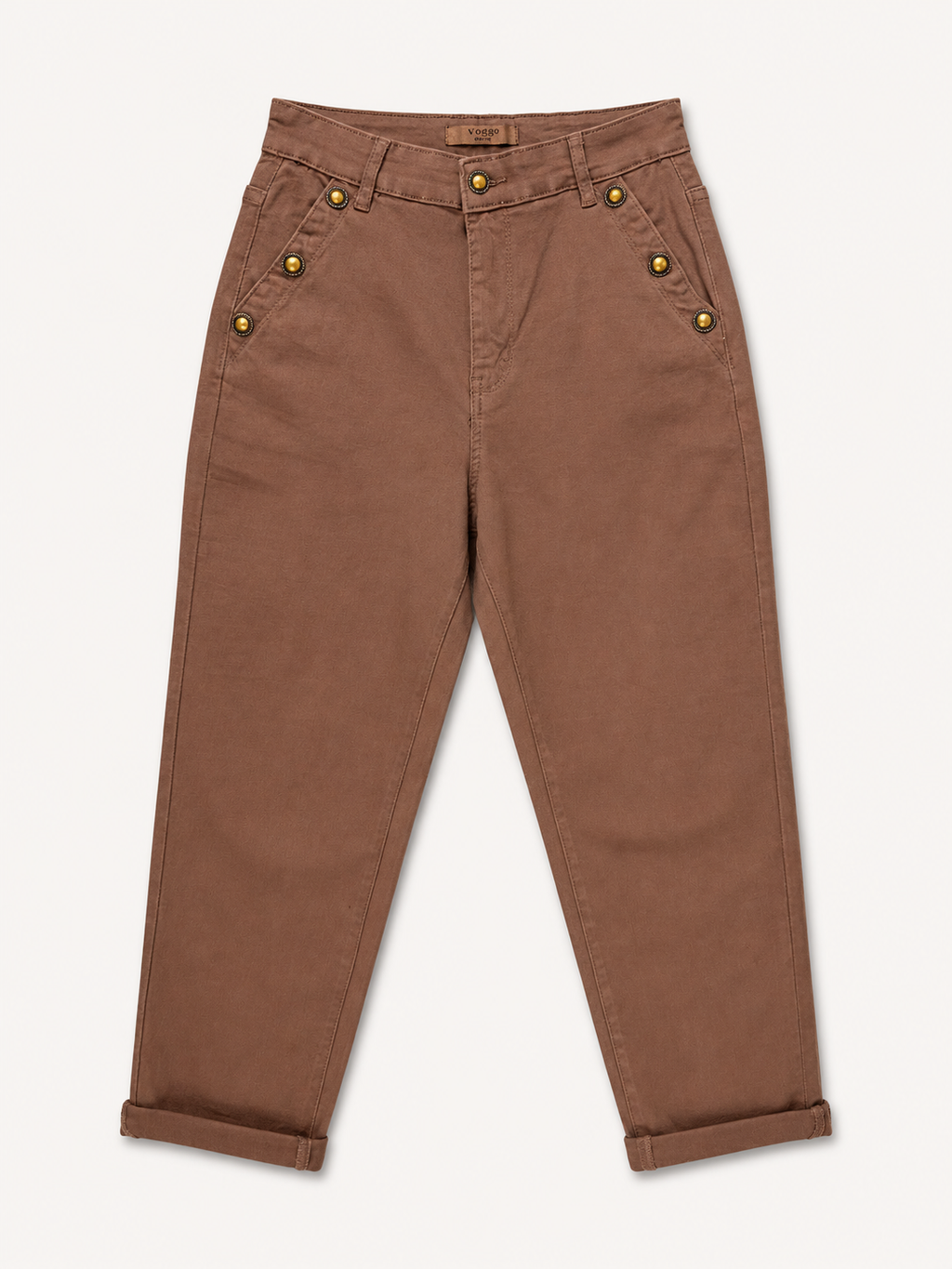 Pantalon Mom Fit – Boutons Dorés aux Poches – Taupe
