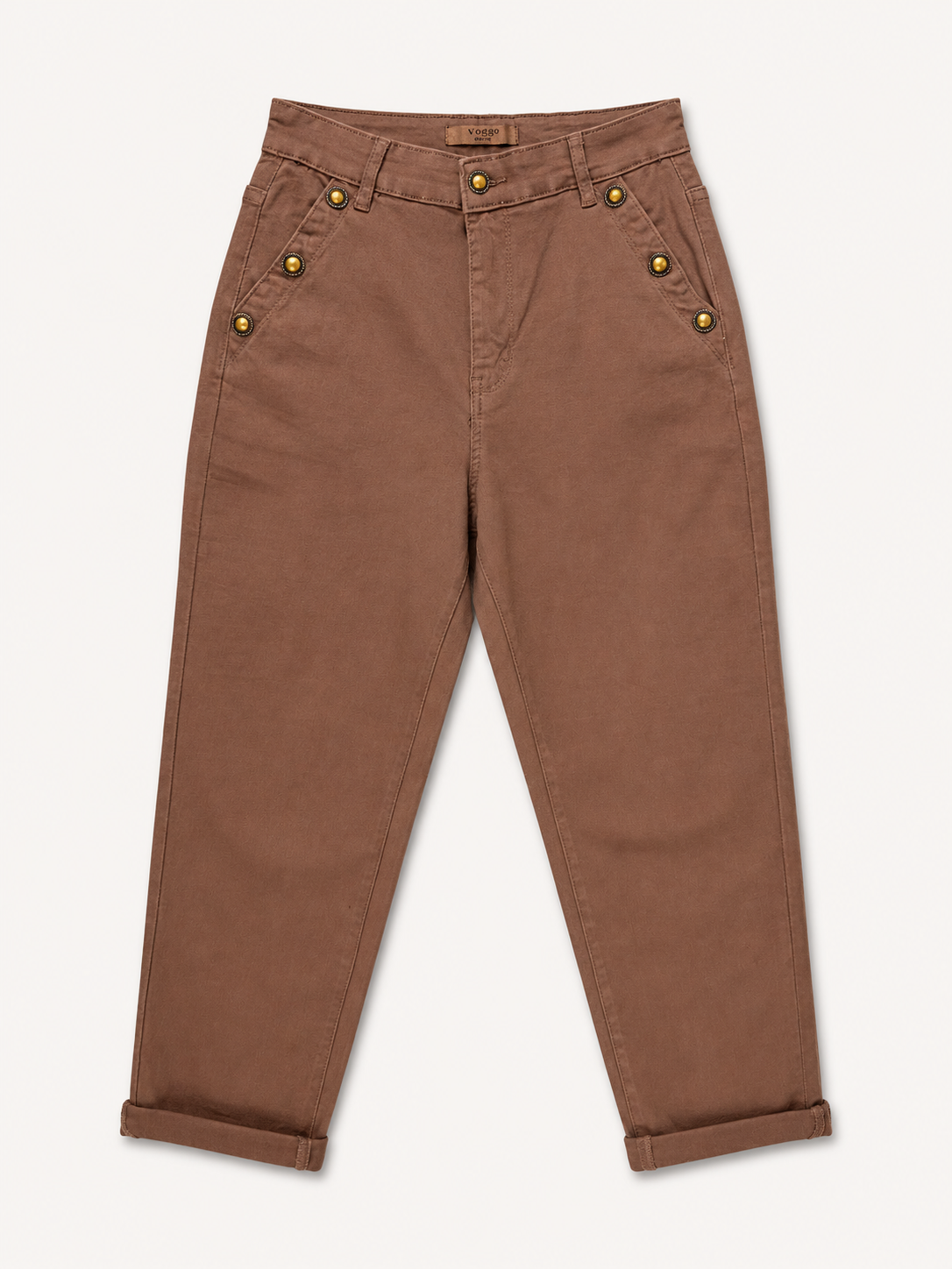 Pantalon Mom Fit – Boutons Dorés aux Poches – Taupe