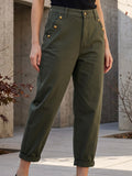 Pantalon Mom Fit – Boutons Dorés aux Poches – Vert Foncé