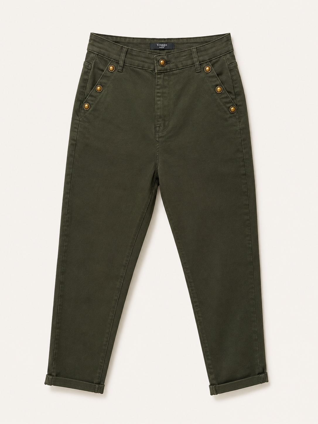 Pantalon Mom Fit – Boutons Dorés aux Poches – Vert Foncé