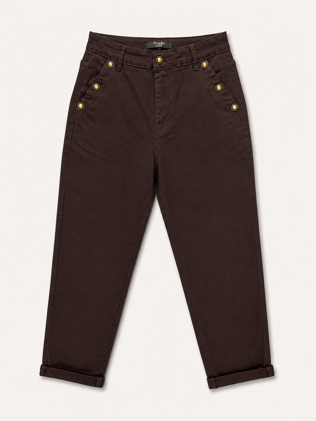 Pantalon Mom Fit – Boutons Dorés aux Poches – Chocolat