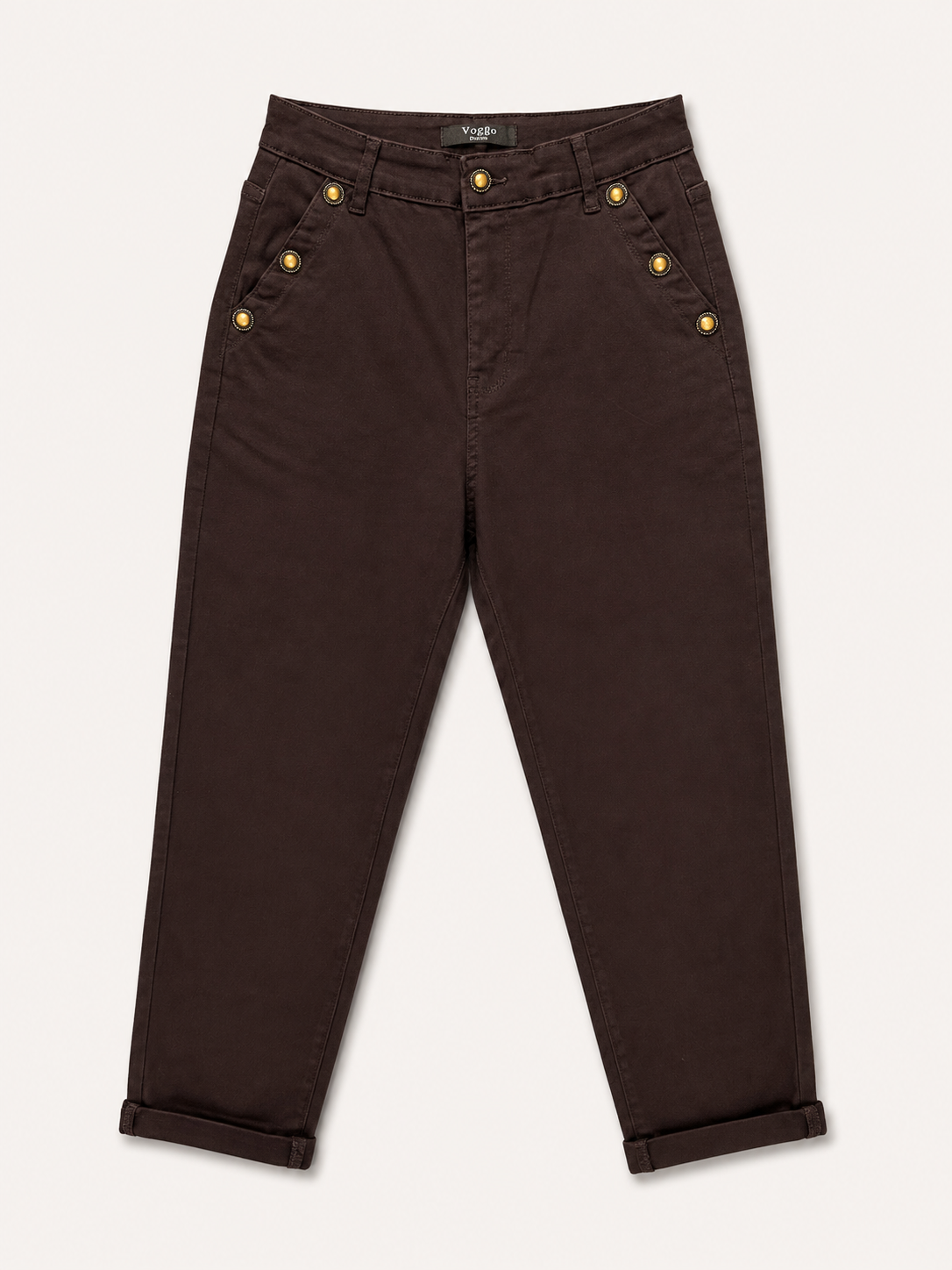 Pantalon Mom Fit – Boutons Dorés aux Poches – Chocolat