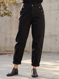 Pantalon Mom Fit – Boutons Dorés aux Poches – Noir