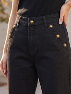Pantalon Mom Fit – Boutons Dorés aux Poches – Noir