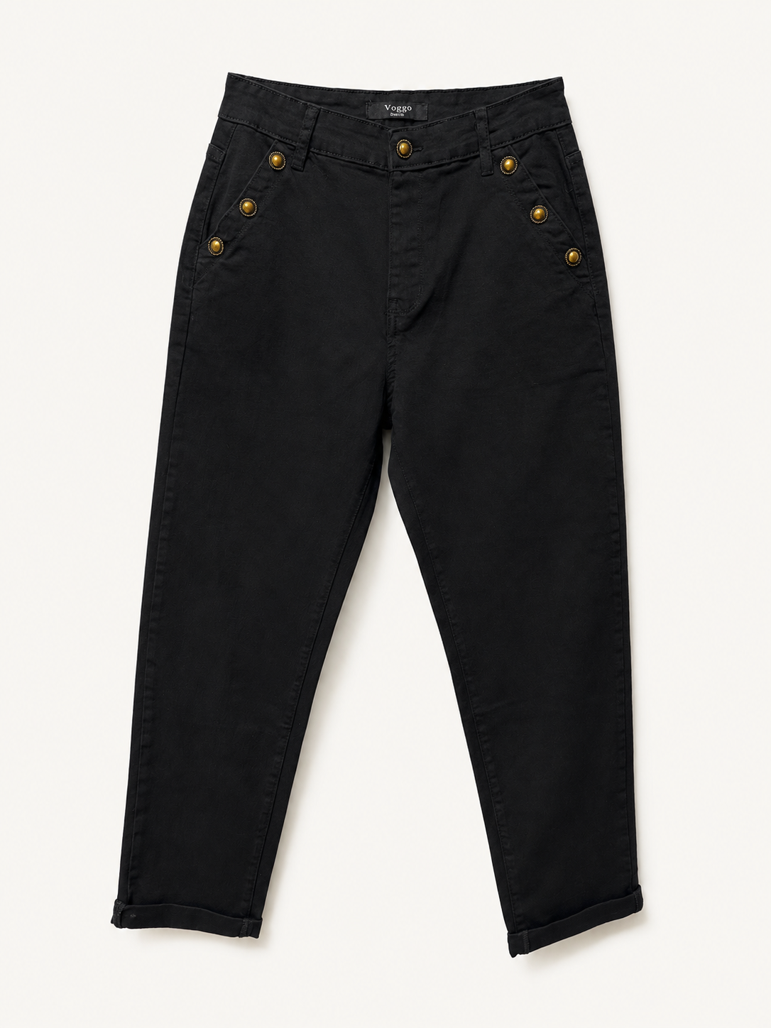 Pantalon Mom Fit – Boutons Dorés aux Poches – Noir