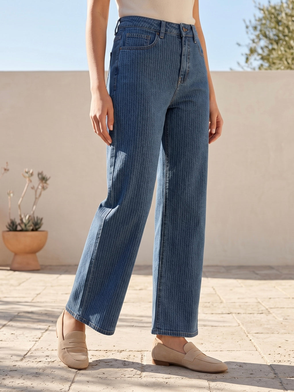 Jean Wide Leg – Tissu Jacquard Trait Droit Contrastant