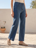 Jean Wide Leg – Tissu Jacquard Trait Droit Contrastant