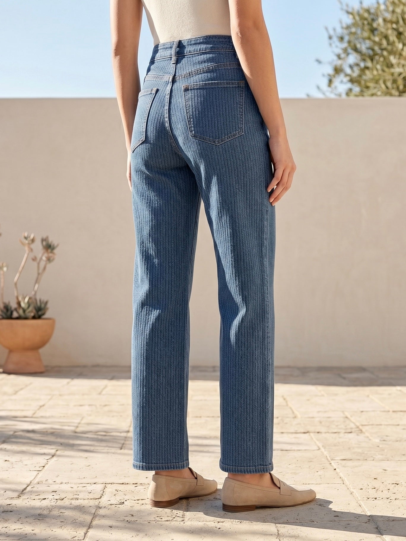 Jean Wide Leg – Tissu Jacquard Trait Droit Contrastant