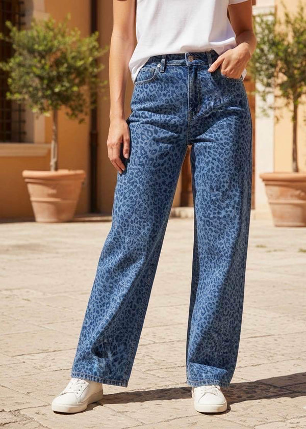 Jean Wide Leg – Tissu Jacquard Léopard