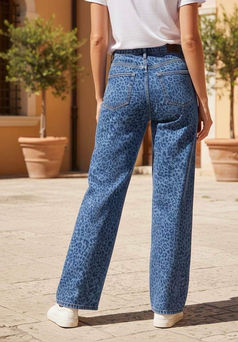 Jean Wide Leg – Tissu Jacquard Léopard