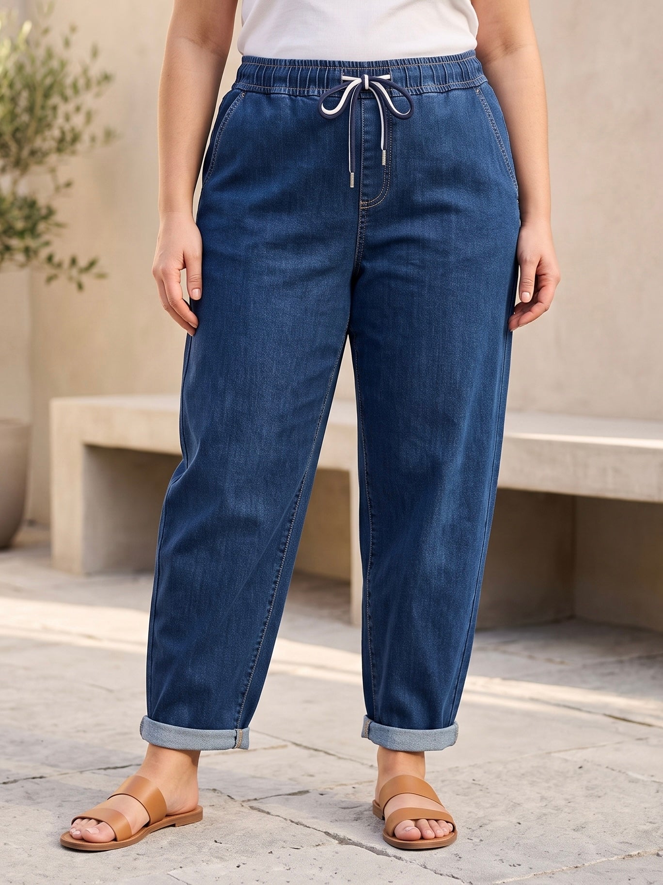 Jean Mom Fit – Grande Taille – Taille Élastique & Double Cordons