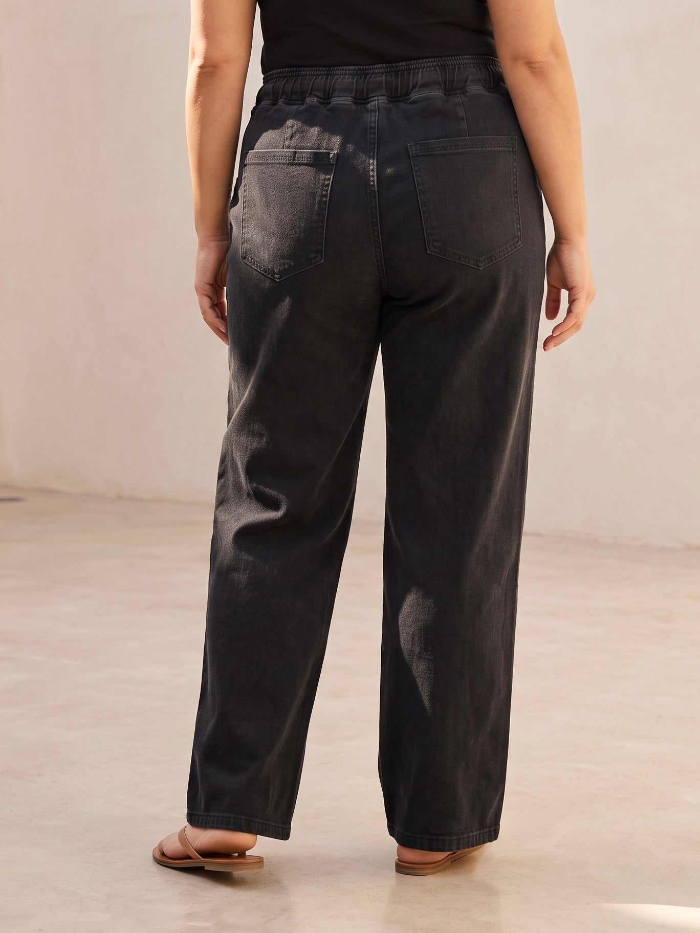 Jean Wide Leg – Grande Taille – Taille Élastique avec Cordons – Noir