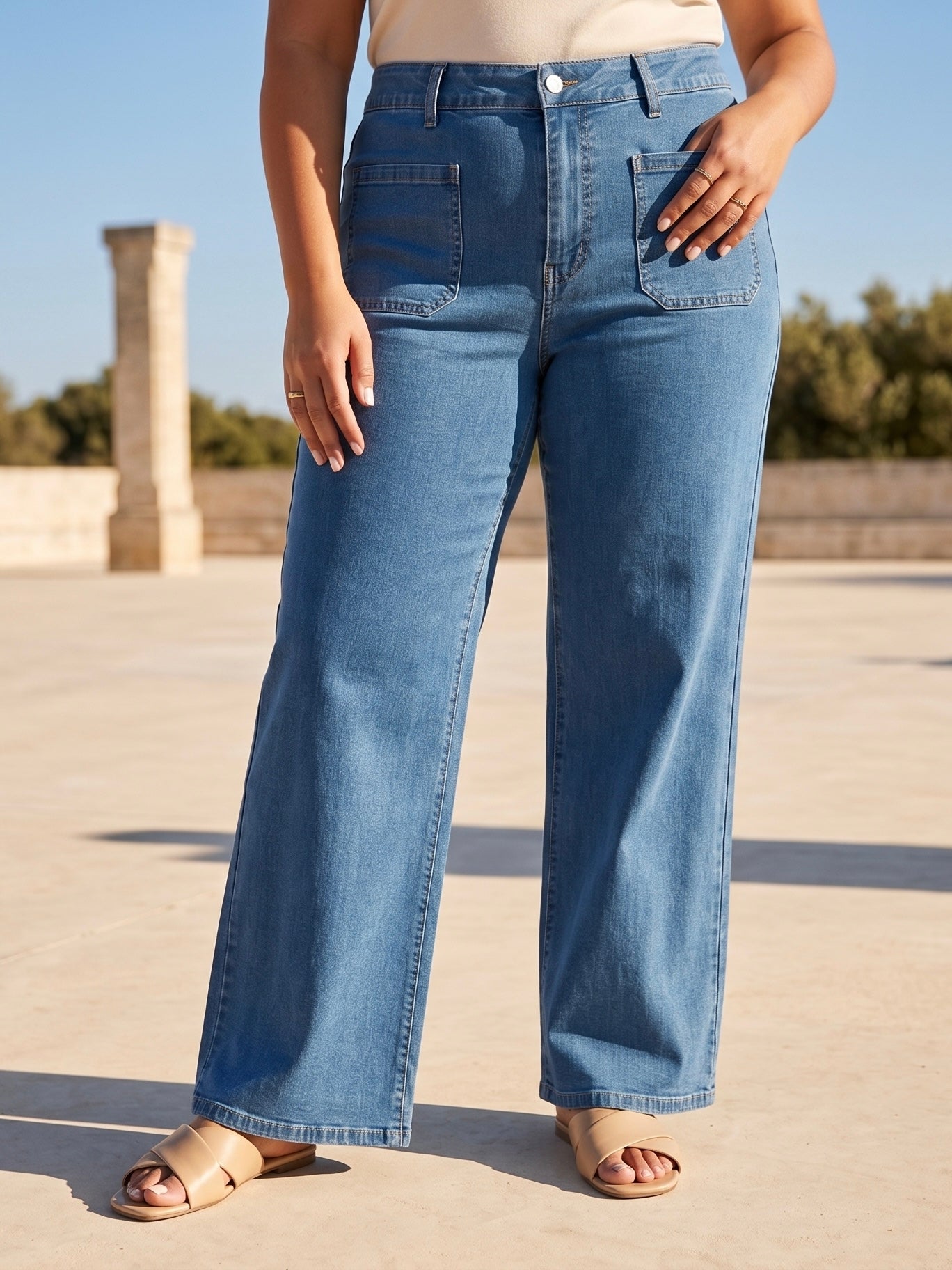 Jean Wide Leg – Grande Taille – Poches Plaquées