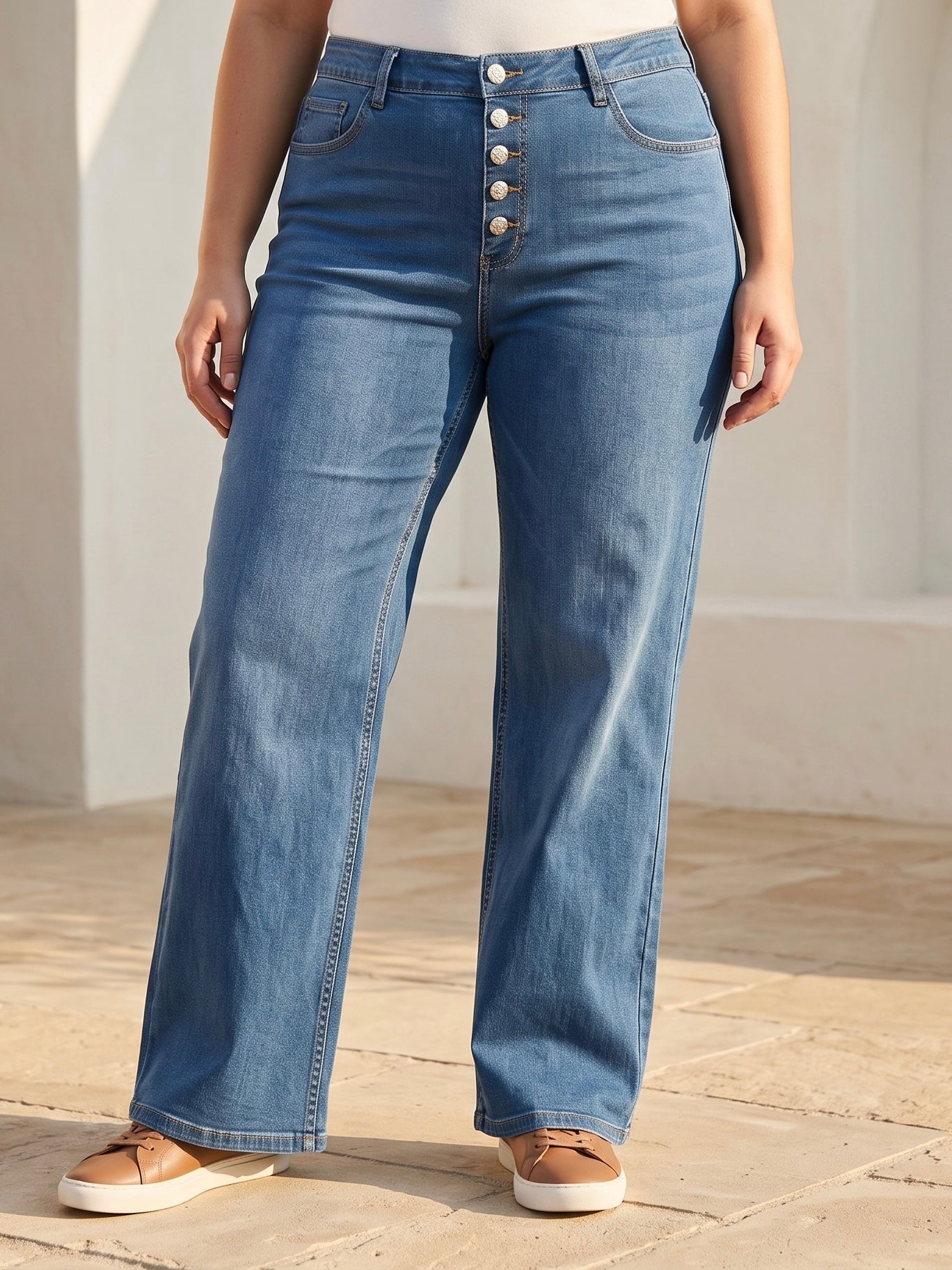 Jean Wide Leg – Grande Taille – 5 Boutons Élégants